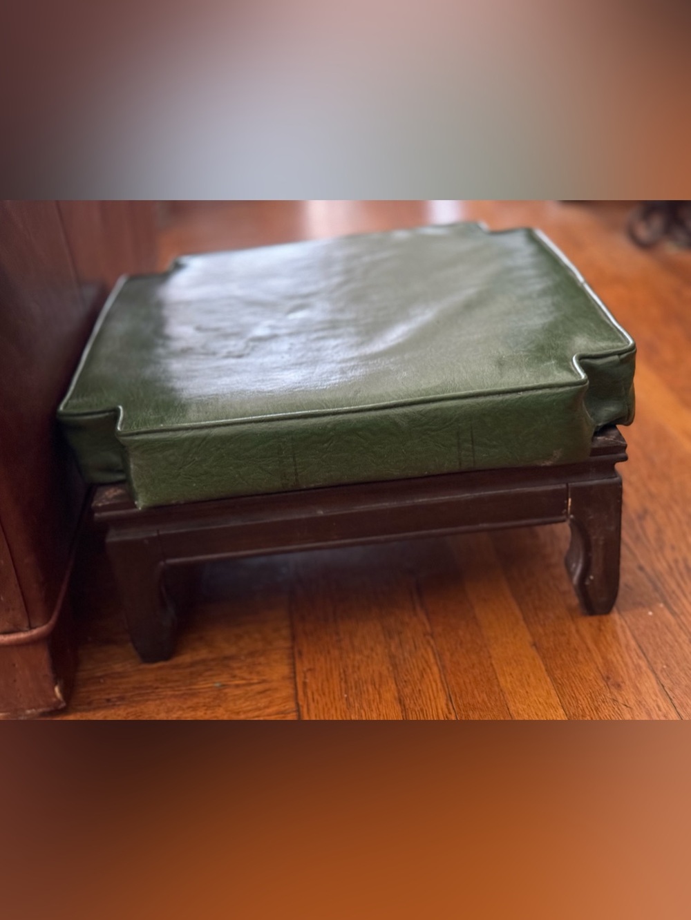 Vintage MCM Green Upholstered Wood Footstool Ottoman